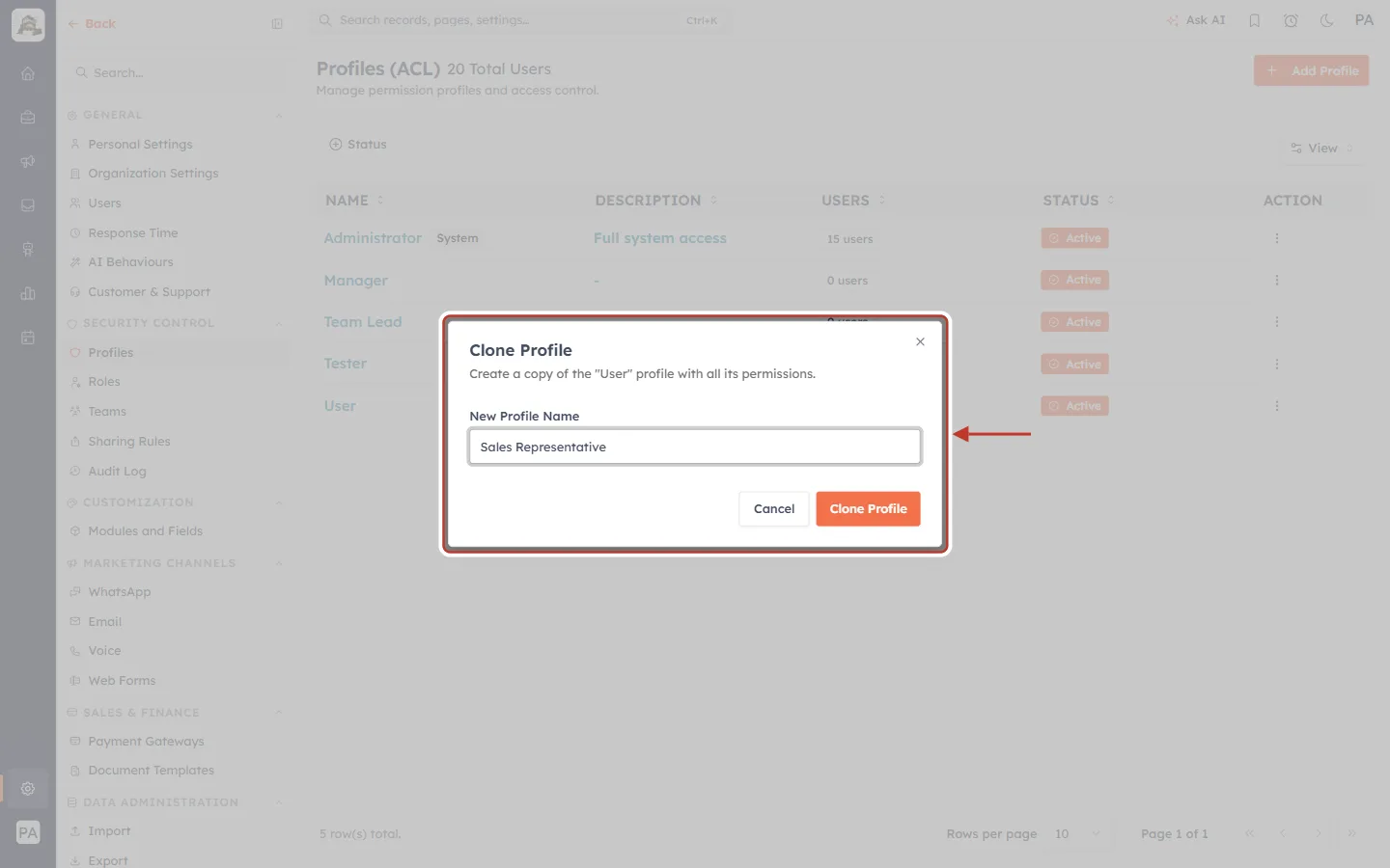 The Clone Profile dialog