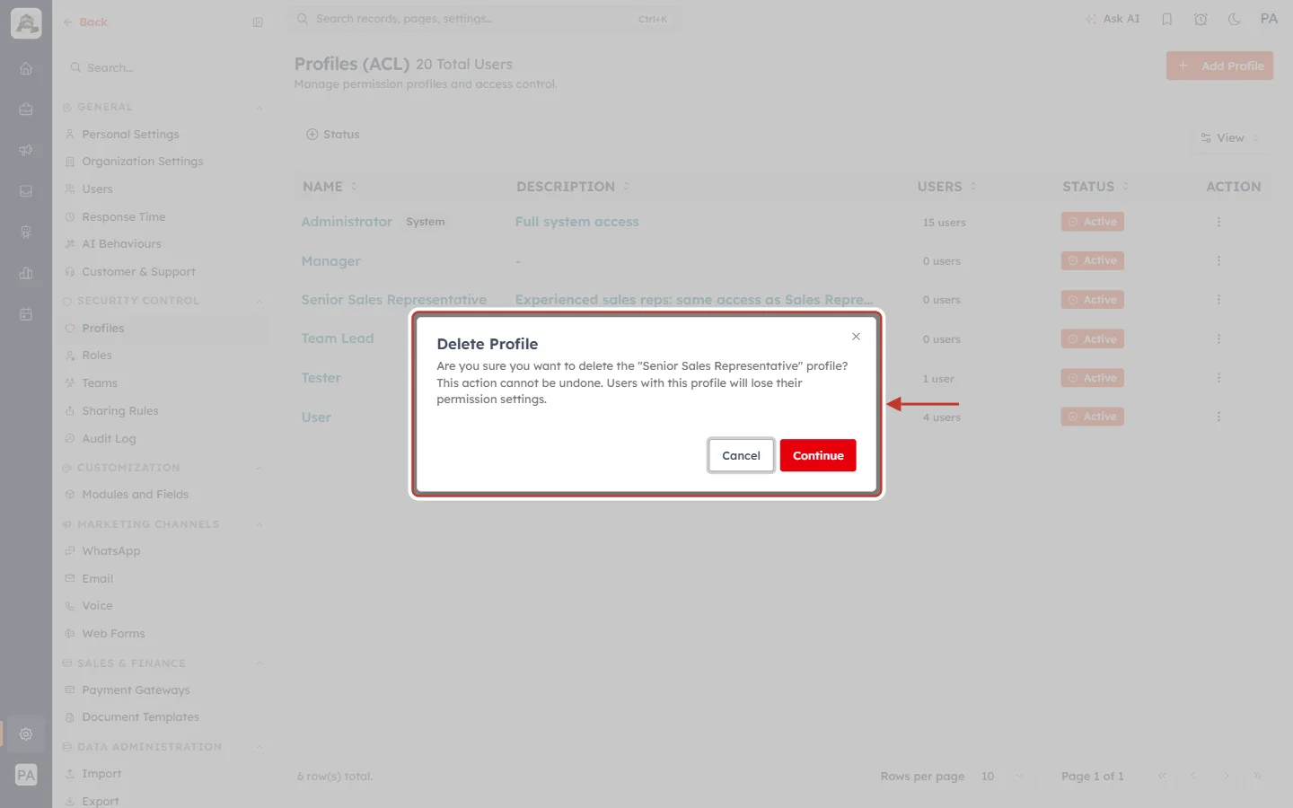The Delete Profile dialog