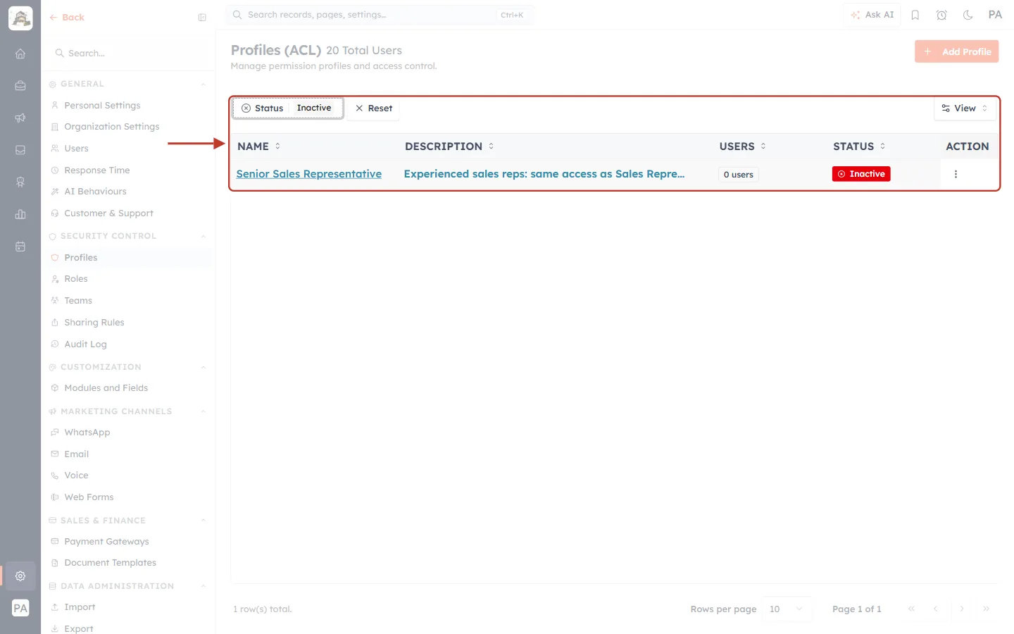 Profiles filtered to Inactive