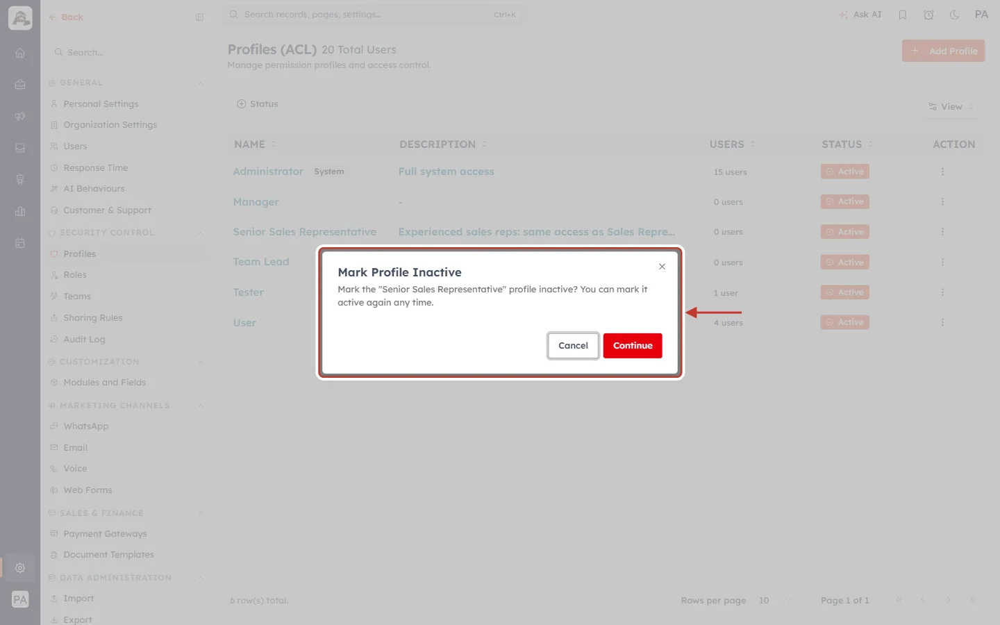 The Mark Profile Inactive dialog