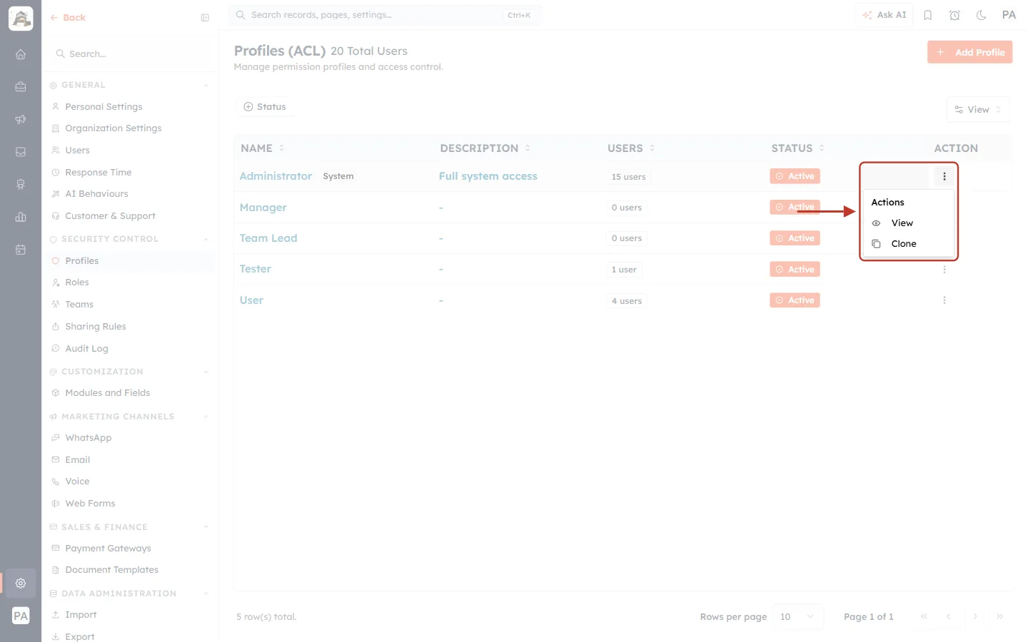 The Administrator profile’s menu