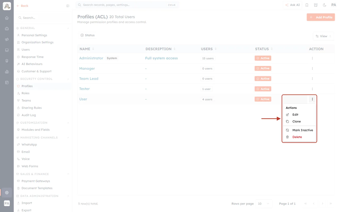 The menu of a profile you created