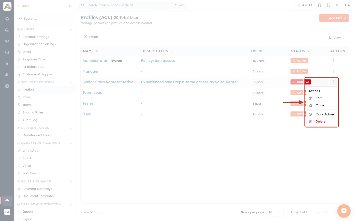 The menu of an inactive profile