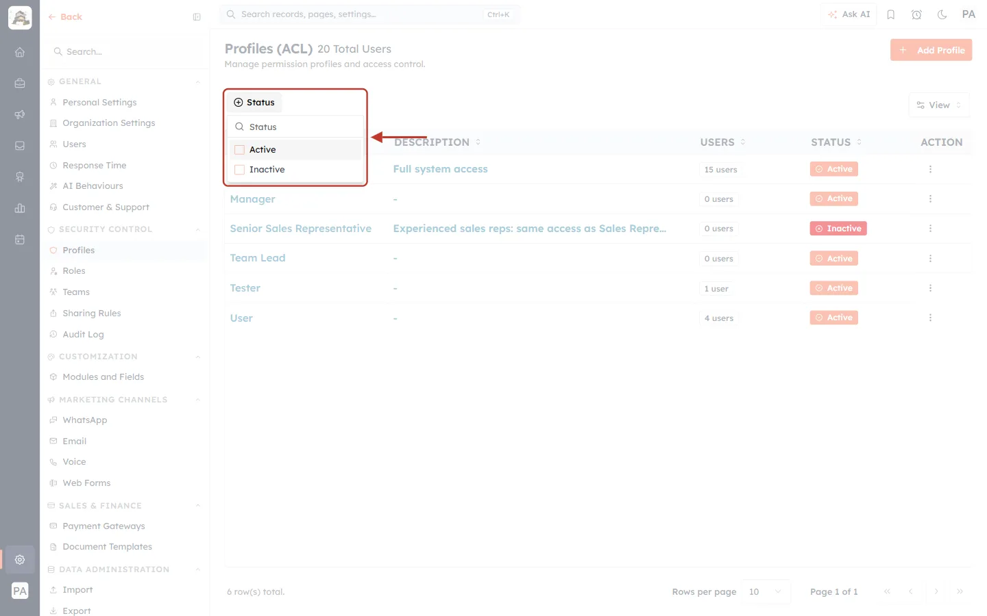 The Status filter
