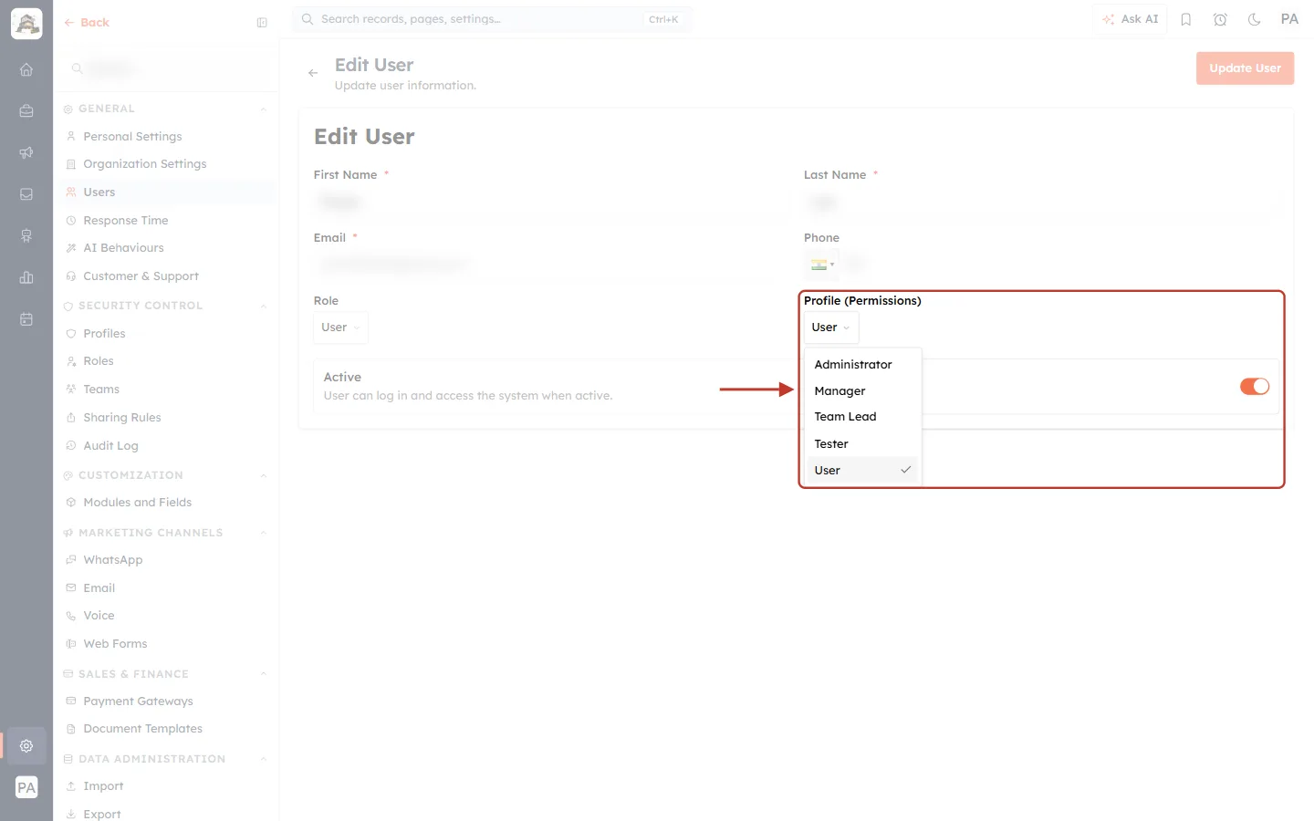 The profile list on Edit User