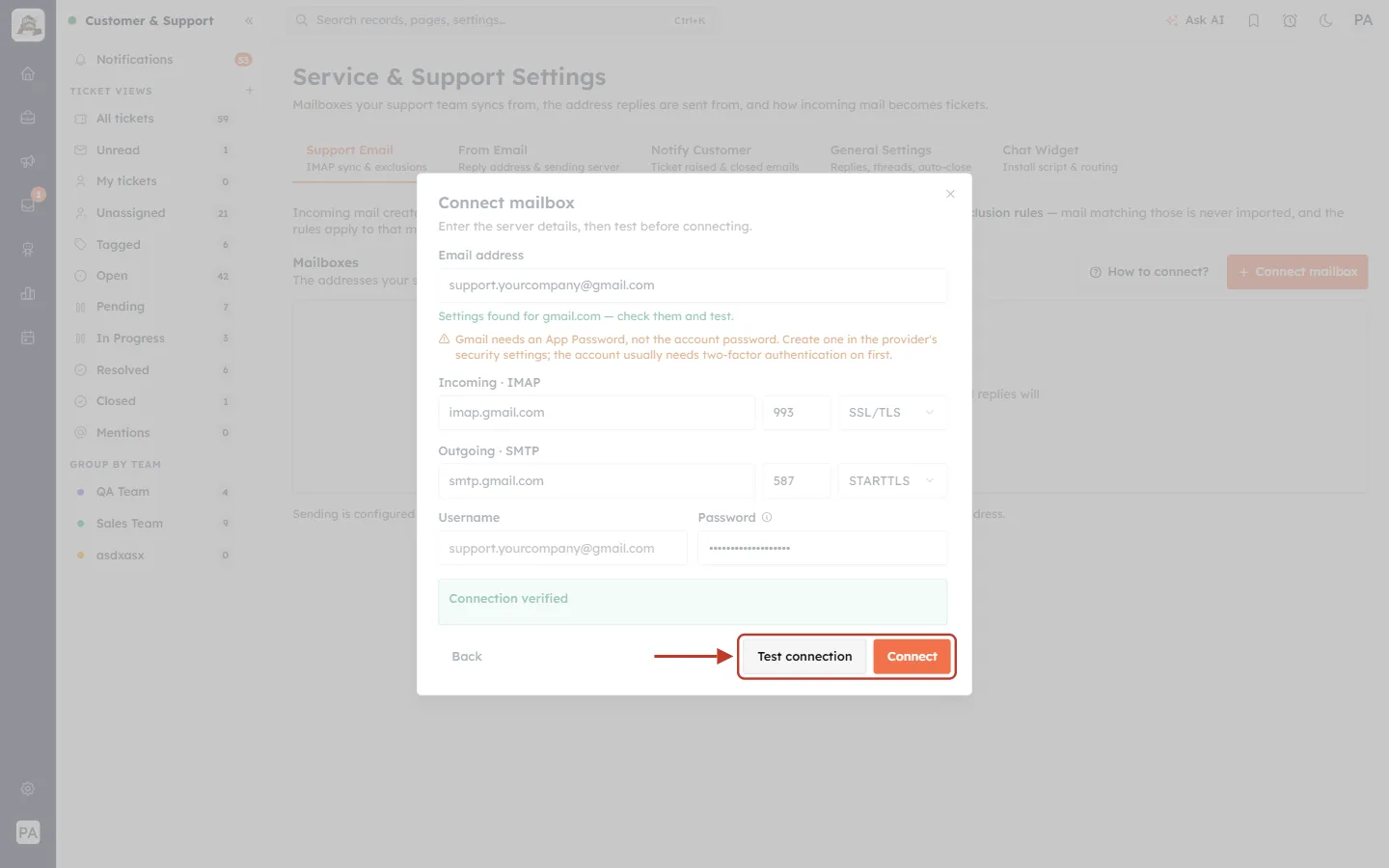 Test connection and the now-active Connect button