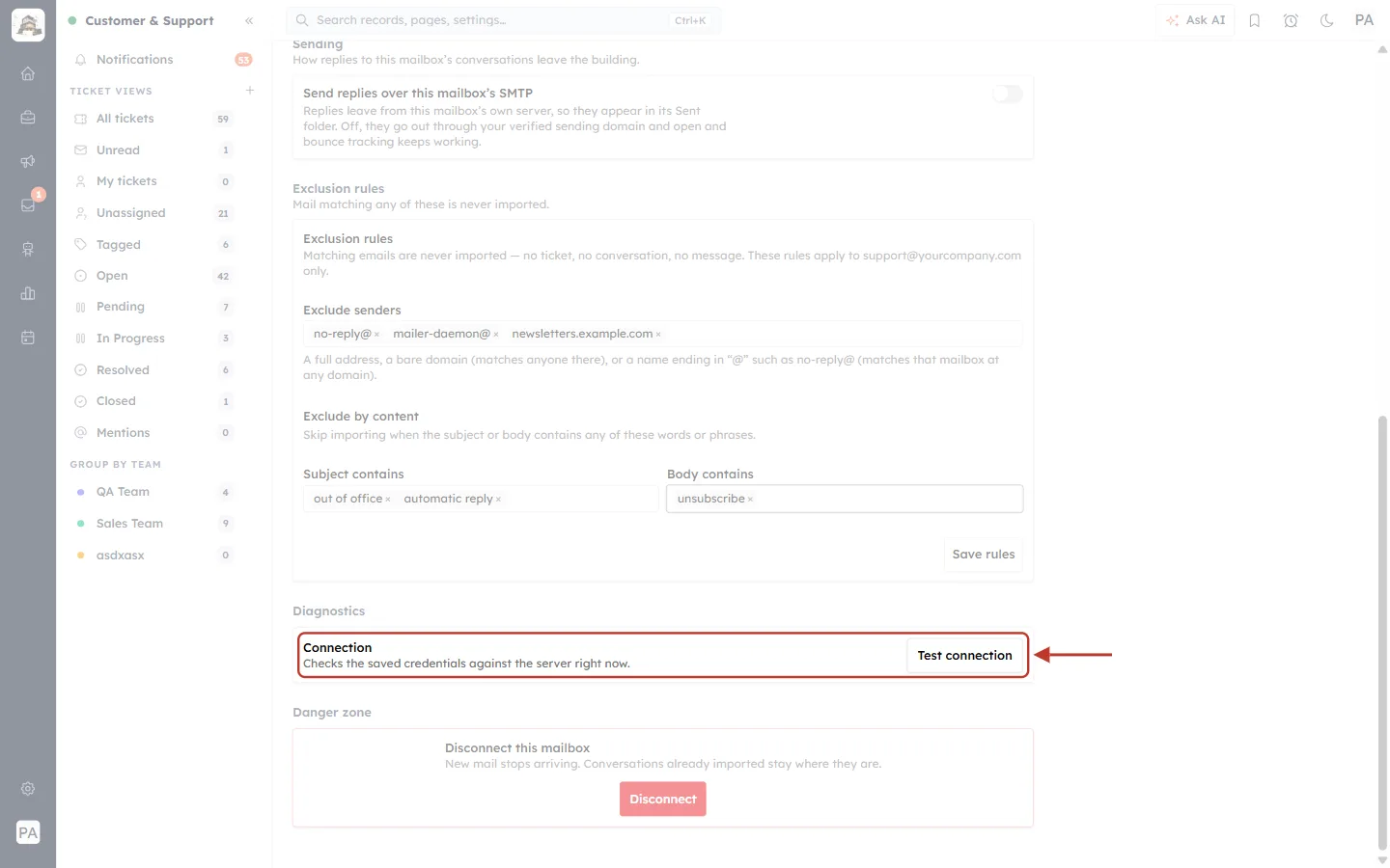 Diagnostics: Connection, Test connection