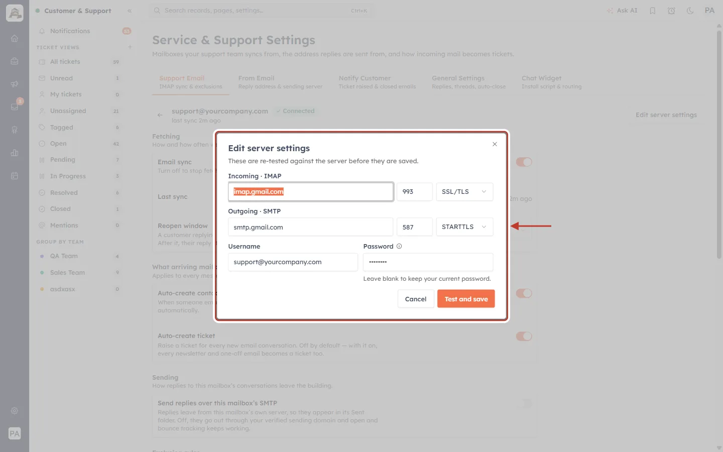 Edit server settings window