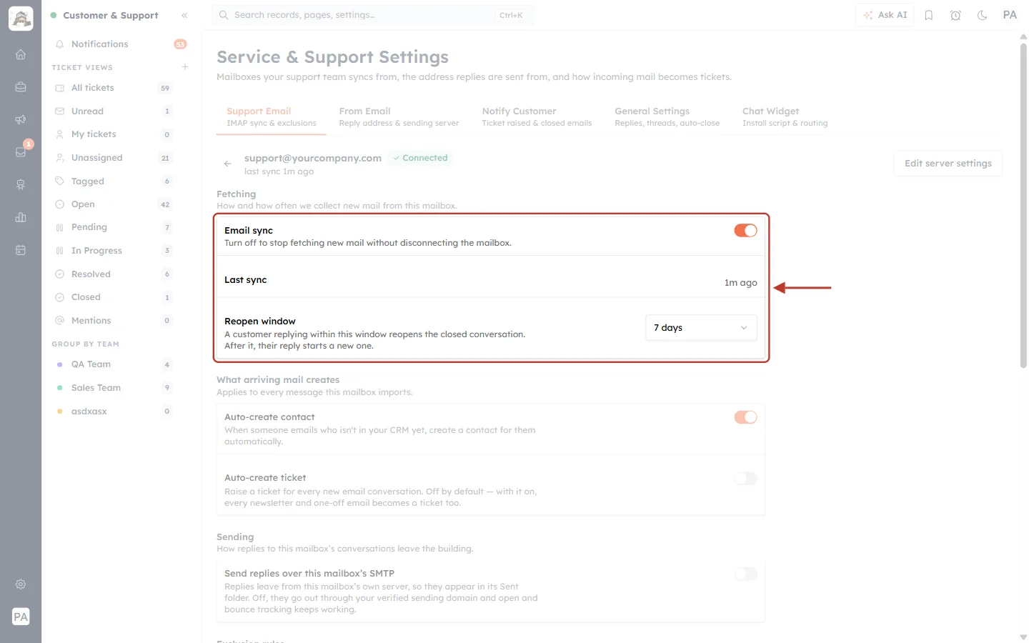 The Fetching section: Email sync, Last sync and Reopen window