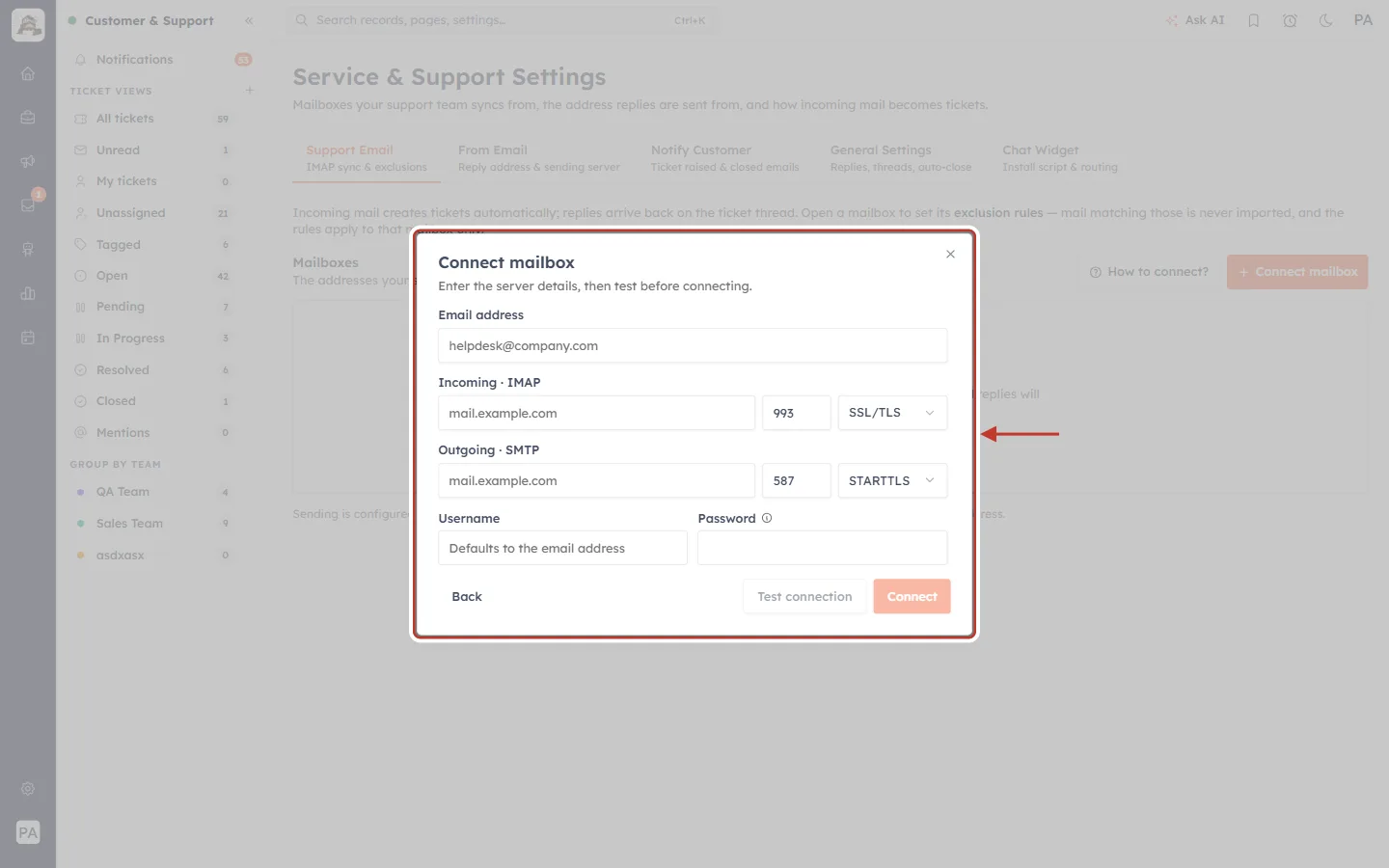 The empty IMAP / SMTP connect form