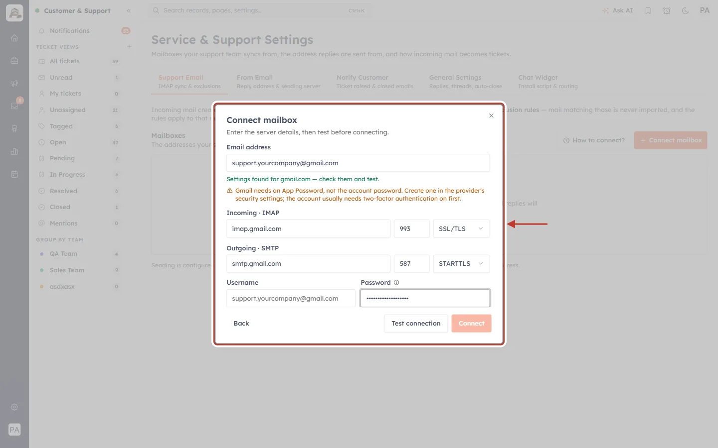 The connect form filled in for a Gmail address, with server settings found