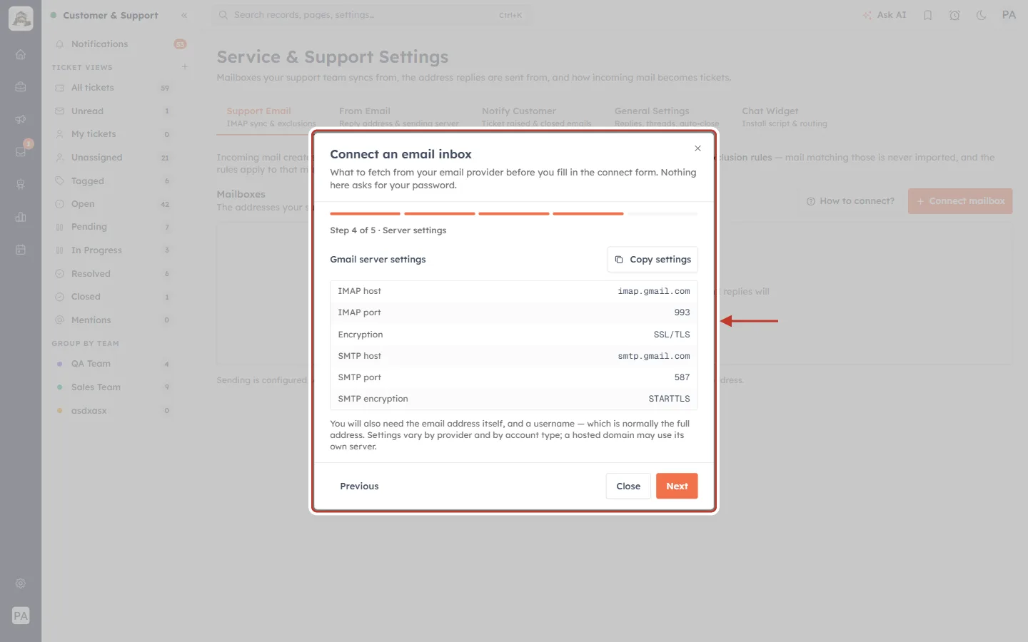 Guide step 4 of 5: Gmail server settings