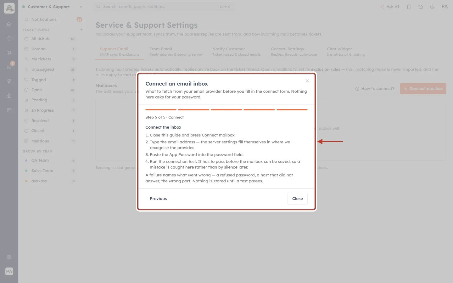 Guide step 5 of 5: Connect the inbox