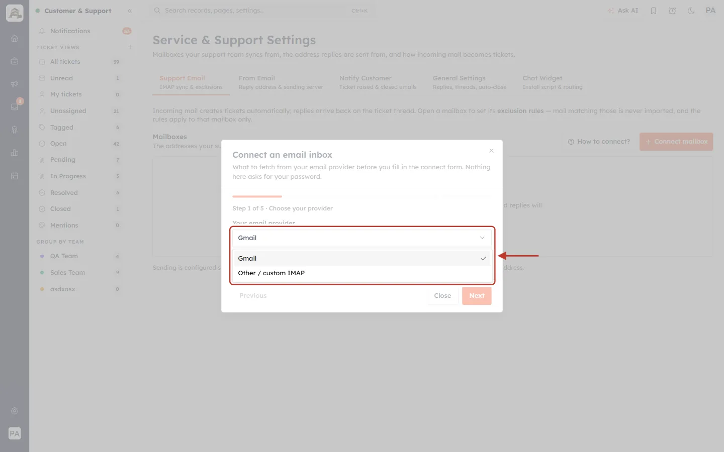 The provider list in the guide: Gmail and Other / custom IMAP