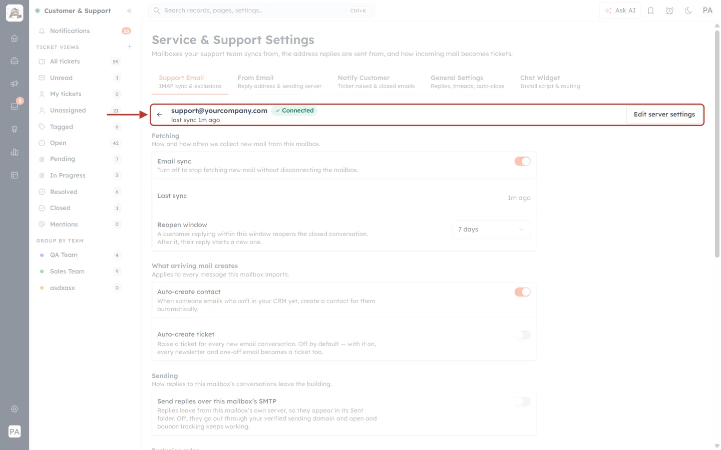 Mailbox settings header with address, Connected badge and Edit server settings