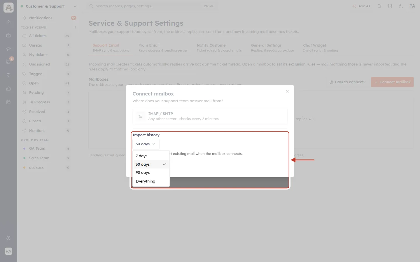 Import history options: 7 days, 30 days, 90 days, Everything