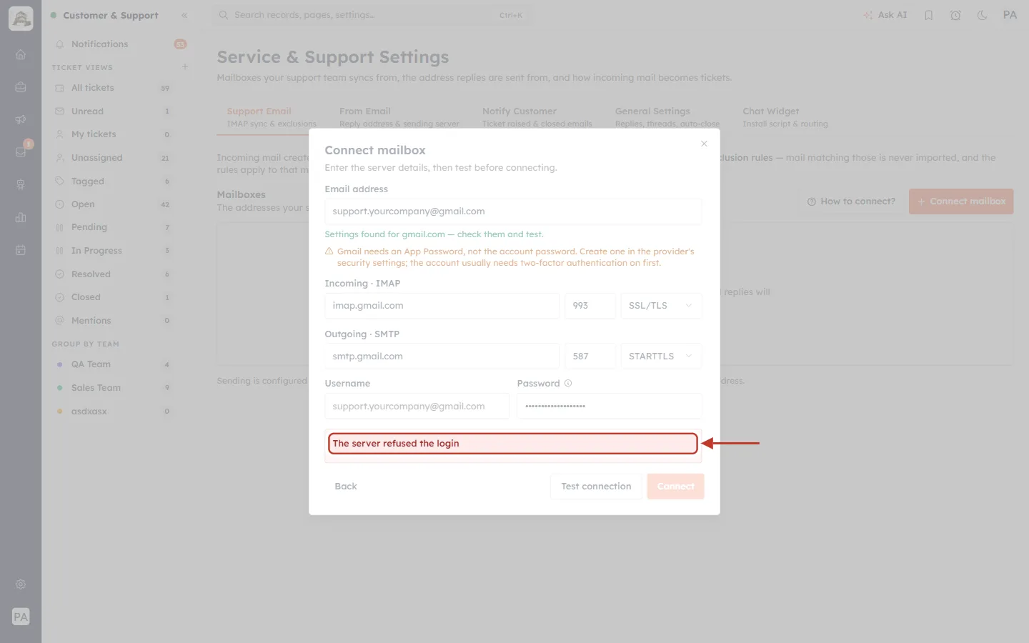 Connect mailbox test failure