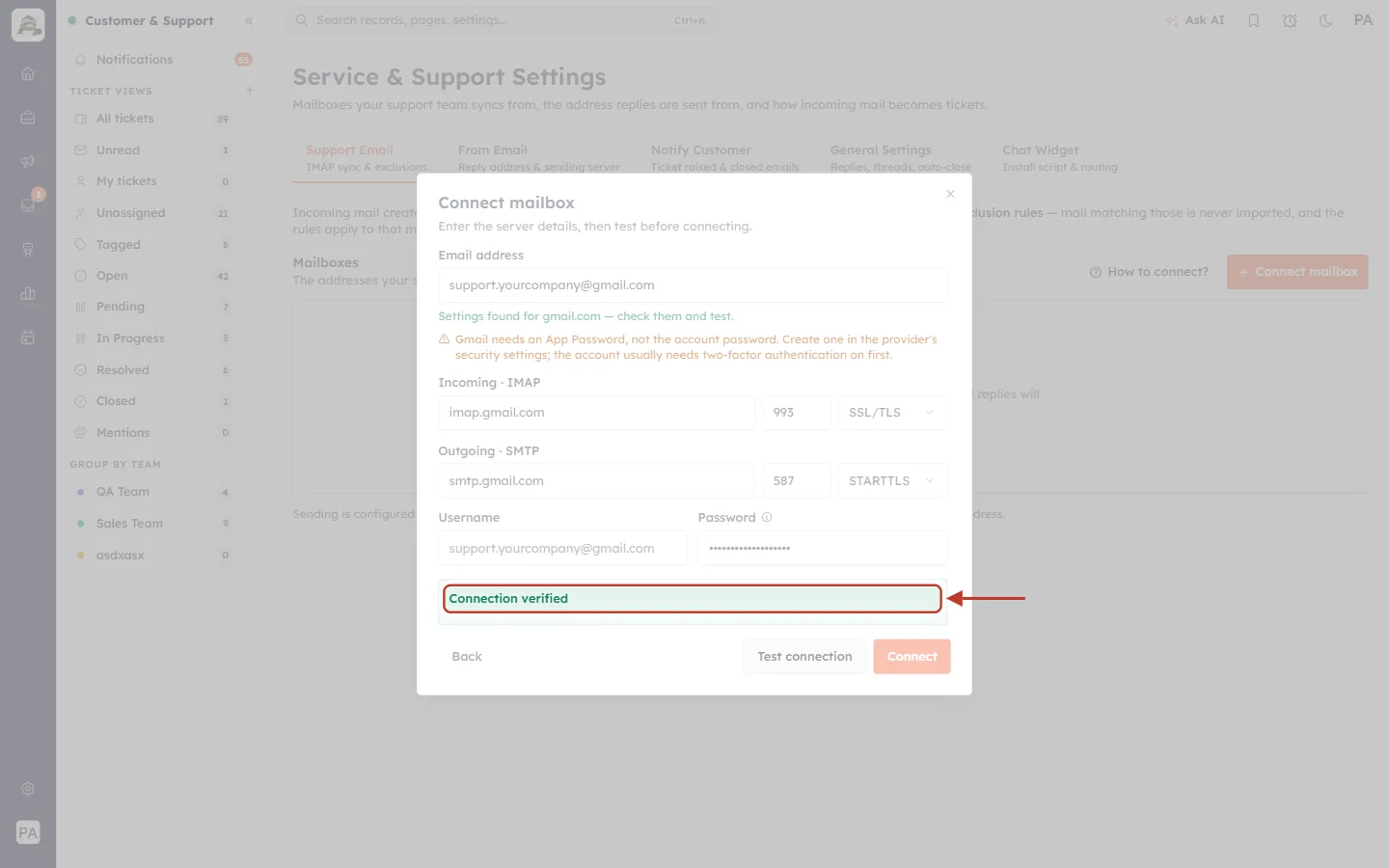 A passed test: Connection verified