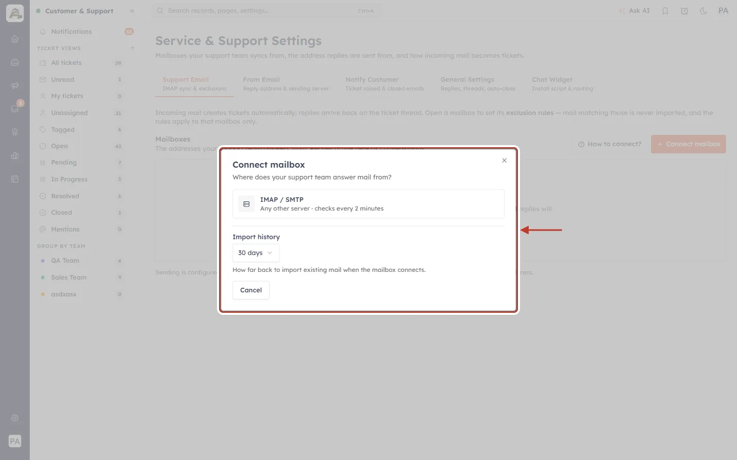 Connect mailbox window: IMAP / SMTP and Import history