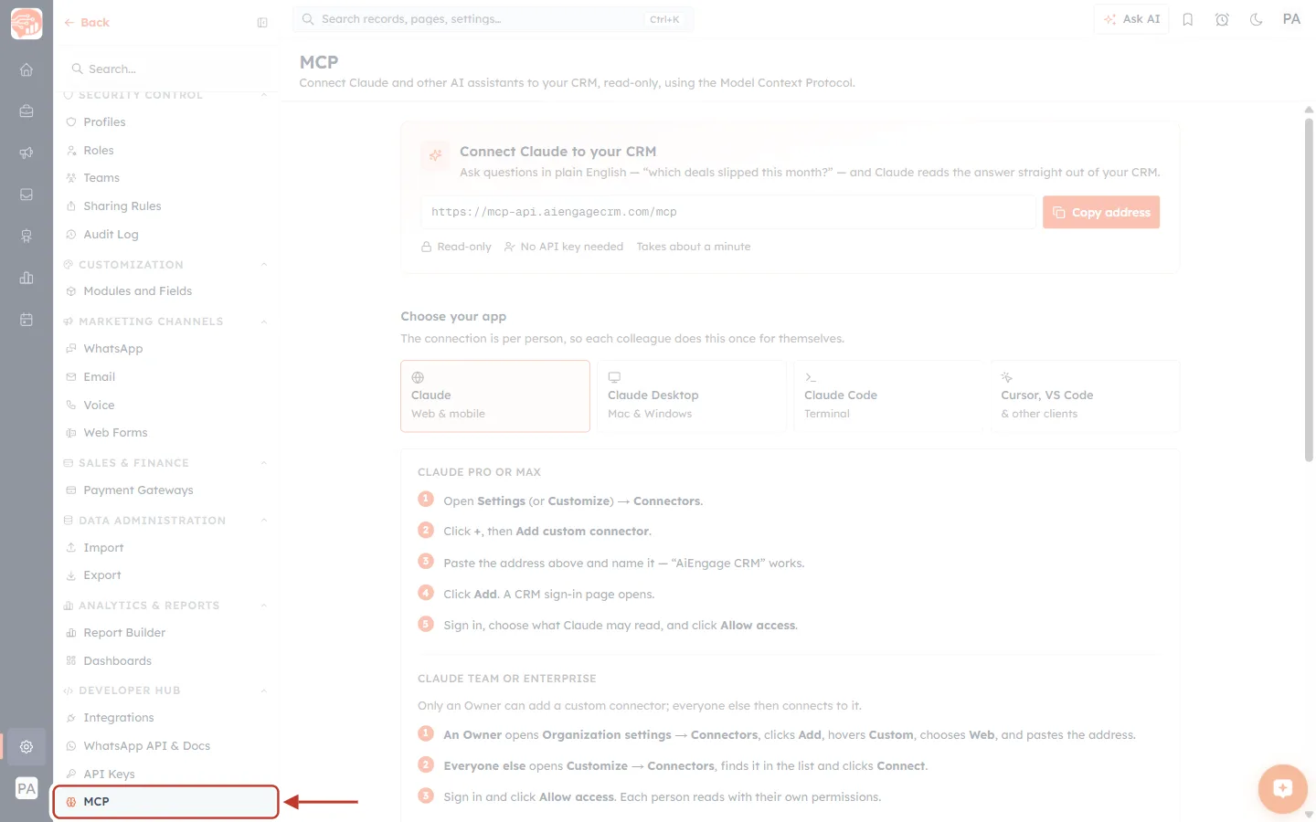 The CRM settings page with the MCP entry under Developer Hub ringed in red and an arrow pointing at it; the rest of the screen is washed back.