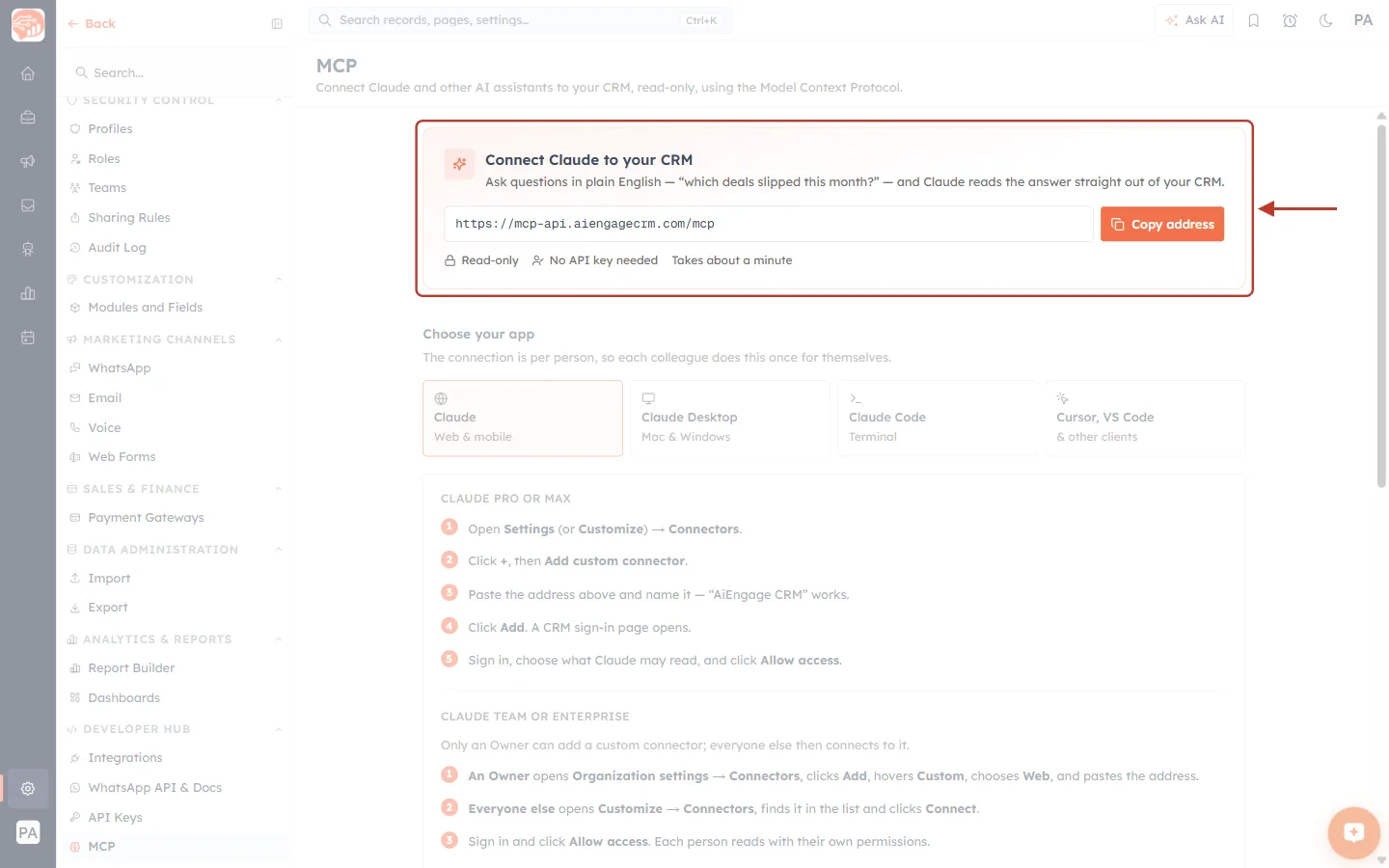 The Connect Claude to your CRM card on the MCP page, holding the address https://mcp-api.aiengagecrm.com/mcp and an orange Copy address button, ringed in red with an arrow.