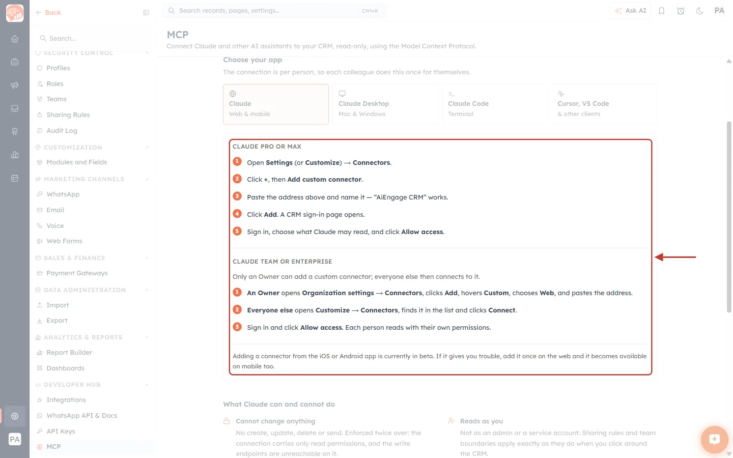 The Claude instructions on the MCP page, ringed in red with an arrow: five steps for Claude Pro or Max, three steps for Claude Team or Enterprise, and a note about the mobile apps.