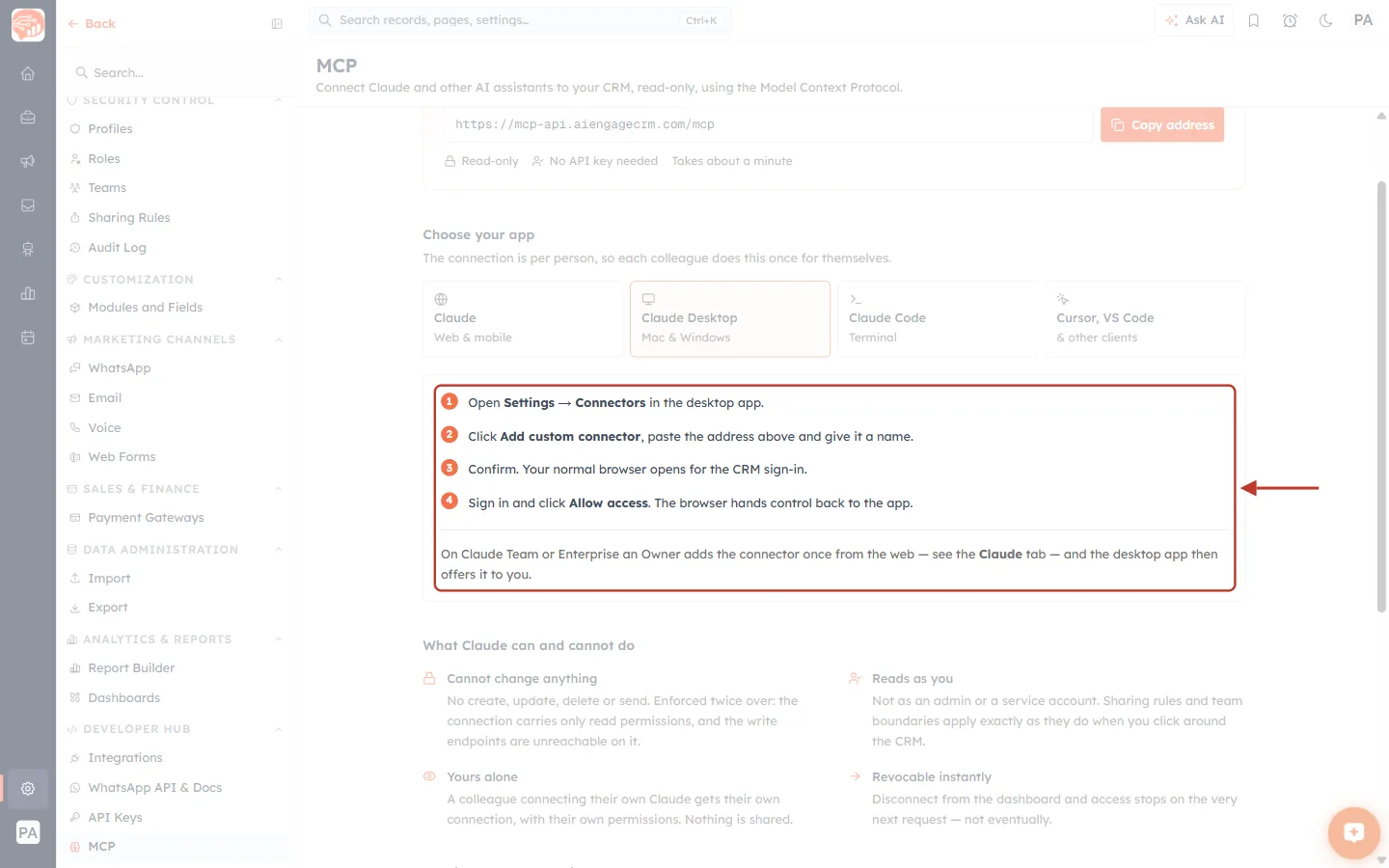 The MCP page with the Claude Desktop tile selected and its four-step instructions ringed in red with an arrow.