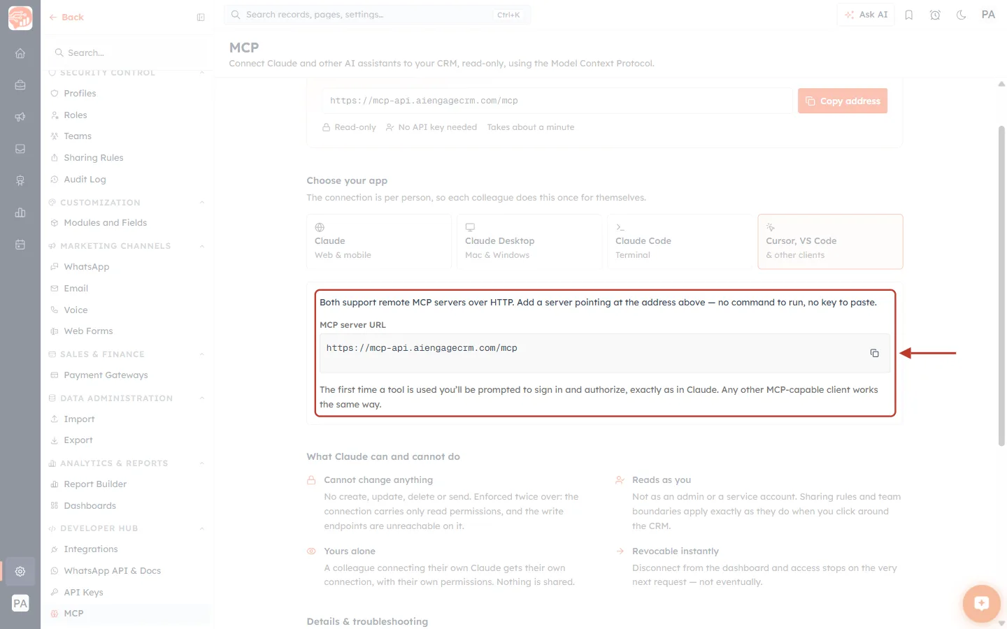 The MCP page with the Cursor, VS Code tile selected; the explanation, the MCP server URL box and the note about signing in on first use are ringed in red with an arrow.