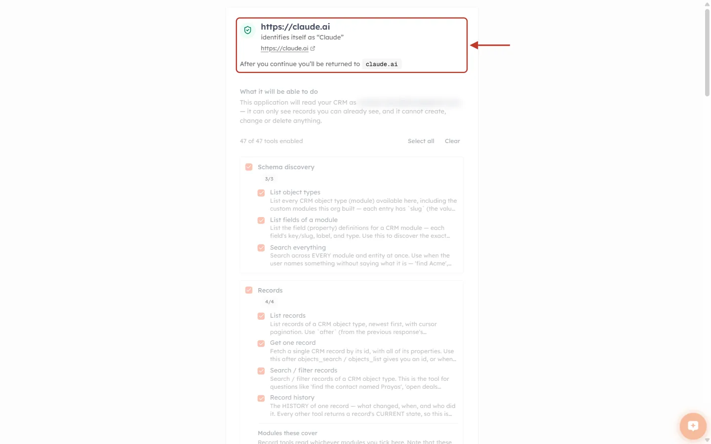 The top of the authorization screen, ringed in red with an arrow: a green shield icon, https://claude.ai in large text, identifies itself as “Claude”, a https://claude.ai link, and After you continue you’ll be returned to claude.ai.