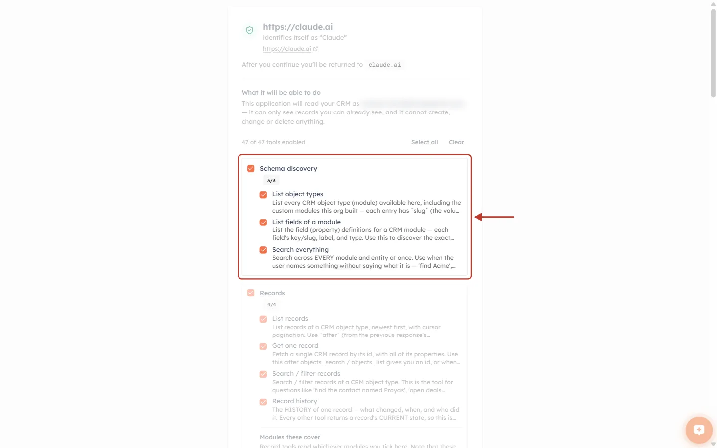 The Schema discovery group on the authorization screen, ringed in red with an arrow: a group checkbox, a 3/3 counter, and three ticked tools — List object types, List fields of a module, Search everything — each with a one-line description.