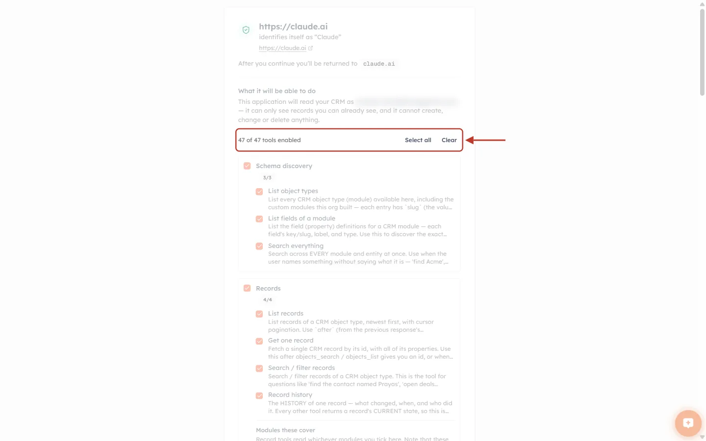 The authorization screen with the row “47 of 47 tools enabled — Select all — Clear” ringed in red with an arrow.