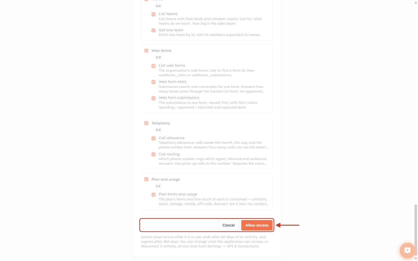 The bottom of the authorization screen with the Cancel and orange Allow access buttons ringed in red and an arrow; the Telephony and Plan and usage groups are above, and a note about how long access lasts is below.