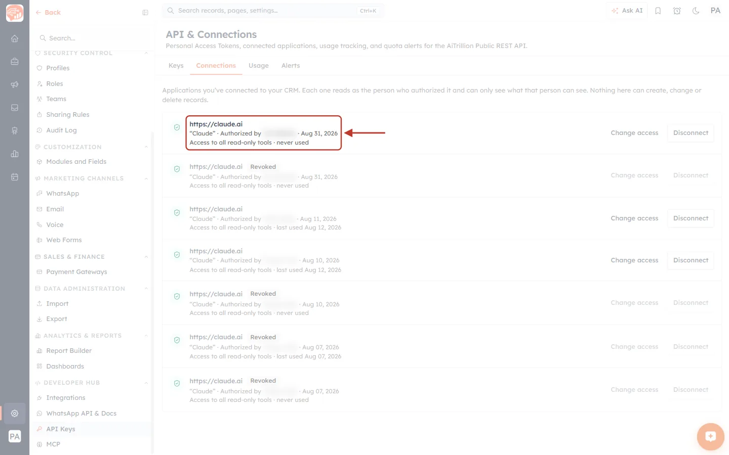 The API & Connections page on the Connections tab. The first connection — https://claude.ai, “Claude”, authorized by a blurred name on Aug 31, 2026, Access to all read-only tools, never used — is ringed in red with an arrow.