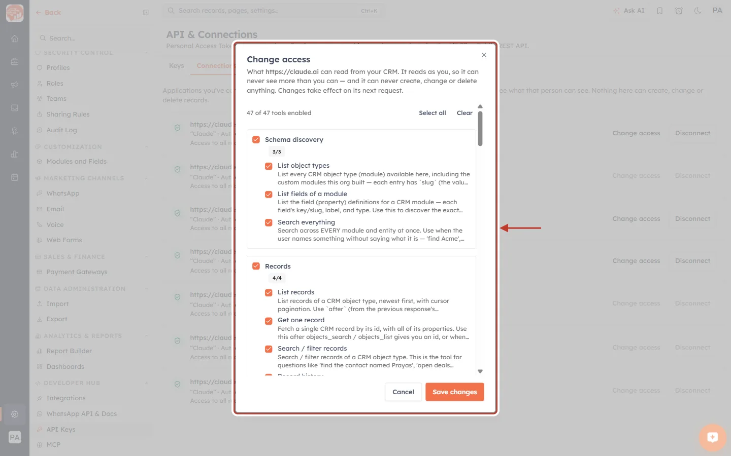 The Change access dialog over the Connections page, ringed in red with an arrow: an explanation, 47 of 47 tools enabled with Select all and Clear, the Schema discovery and Records groups with their tools ticked, and Cancel and Save changes buttons.