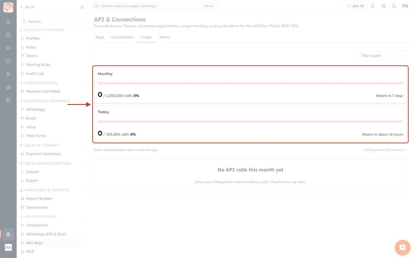The Usage tab of API & Connections with the Monthly and Today allowance meters ringed in red with an arrow.