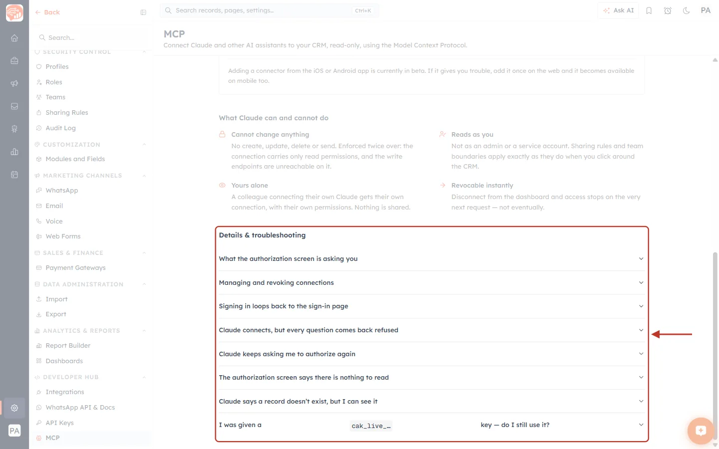 The Details & troubleshooting list at the bottom of the MCP page, ringed in red with an arrow, showing eight collapsed questions.