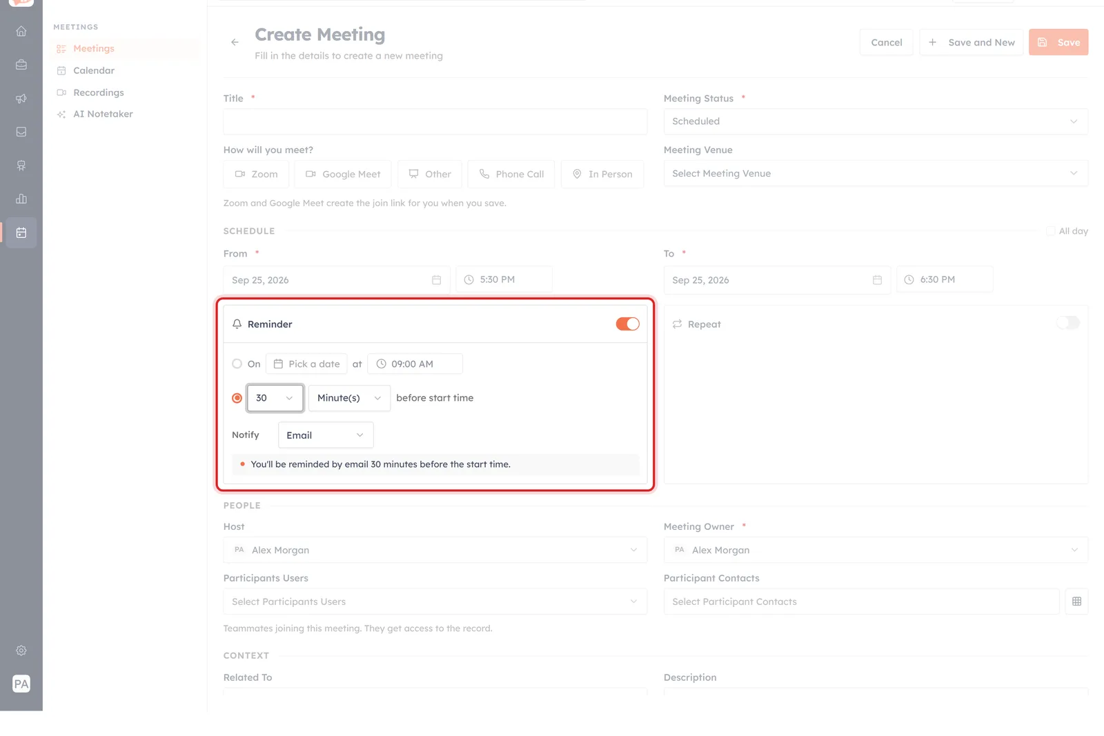 The Create Meeting form with the Reminder panel set to 30 minutes before the start time