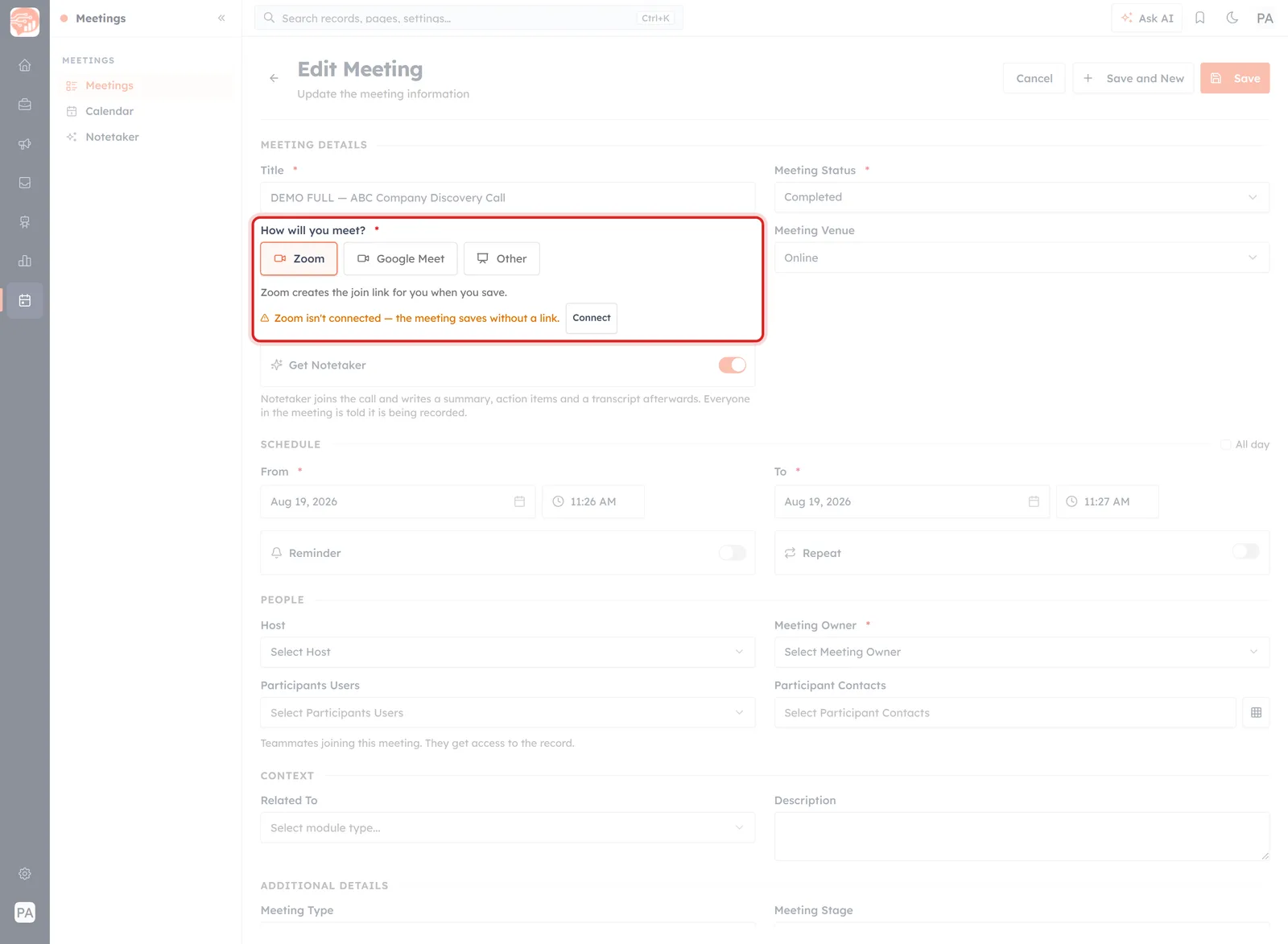 The How will you meet? row on a meeting record with Zoom picked, reading “Zoom creates the join link for you when you save”
