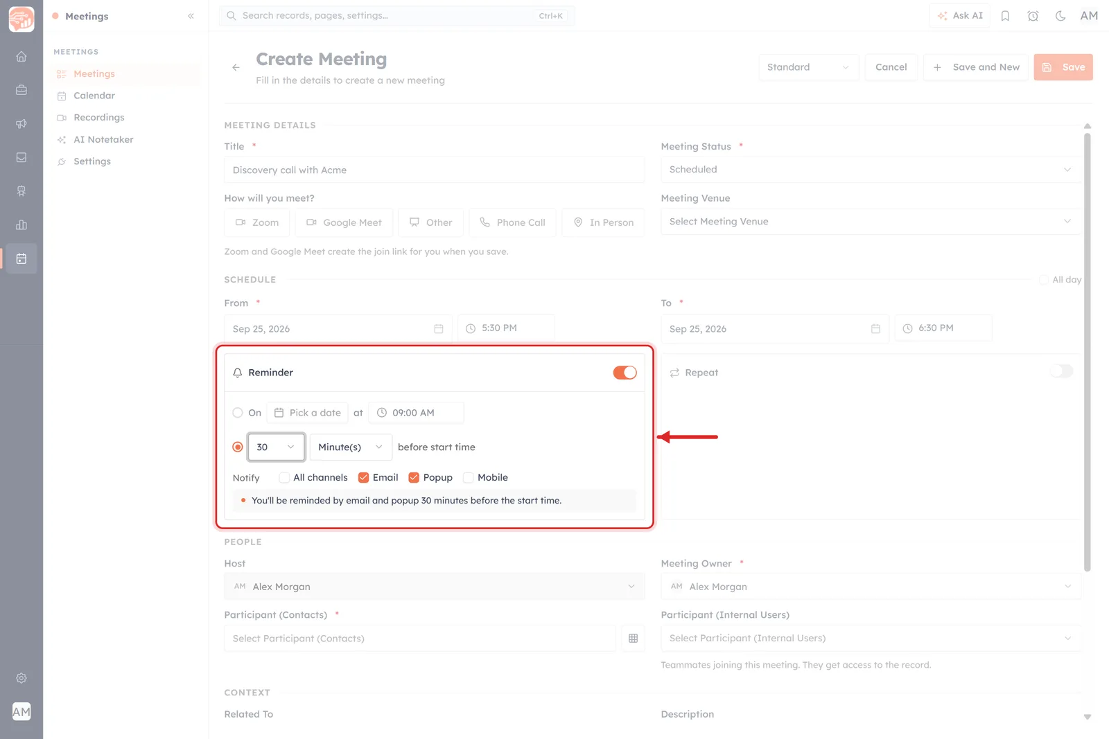 The Create Meeting form with the Reminder panel ringed in red, set to 30 Minute(s) before start time with Email and Popup ticked
