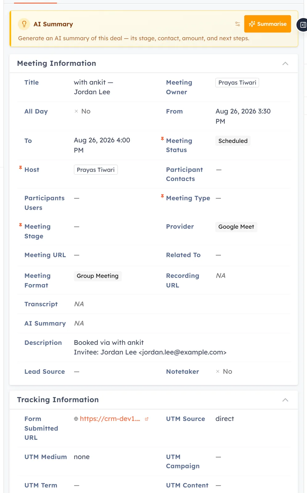 The Meeting Information block of a booked meeting, including the Booked via description