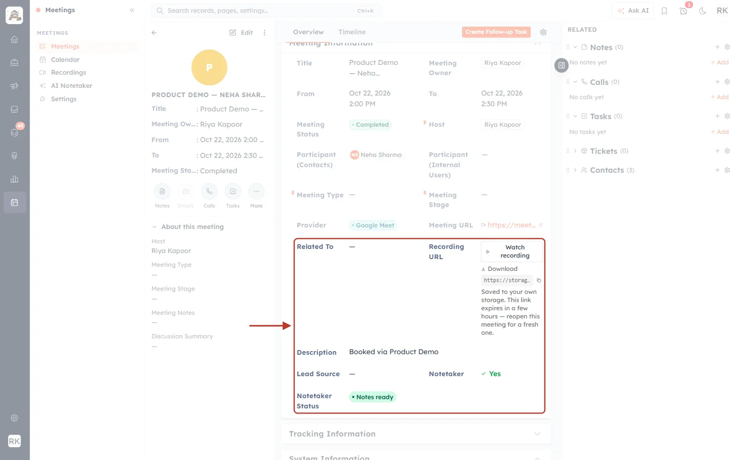 Recording URL and Notetaker status on a meeting record