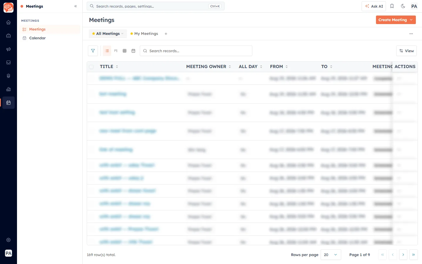 The Meetings module records list, with the Create Meeting button in the top right