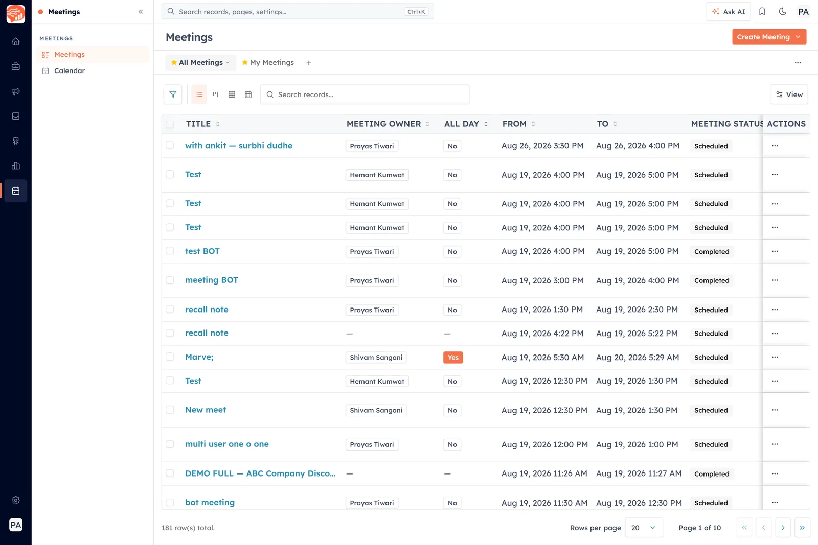 The Meetings records list, with All Meetings and My Meetings views and the Create Meeting button