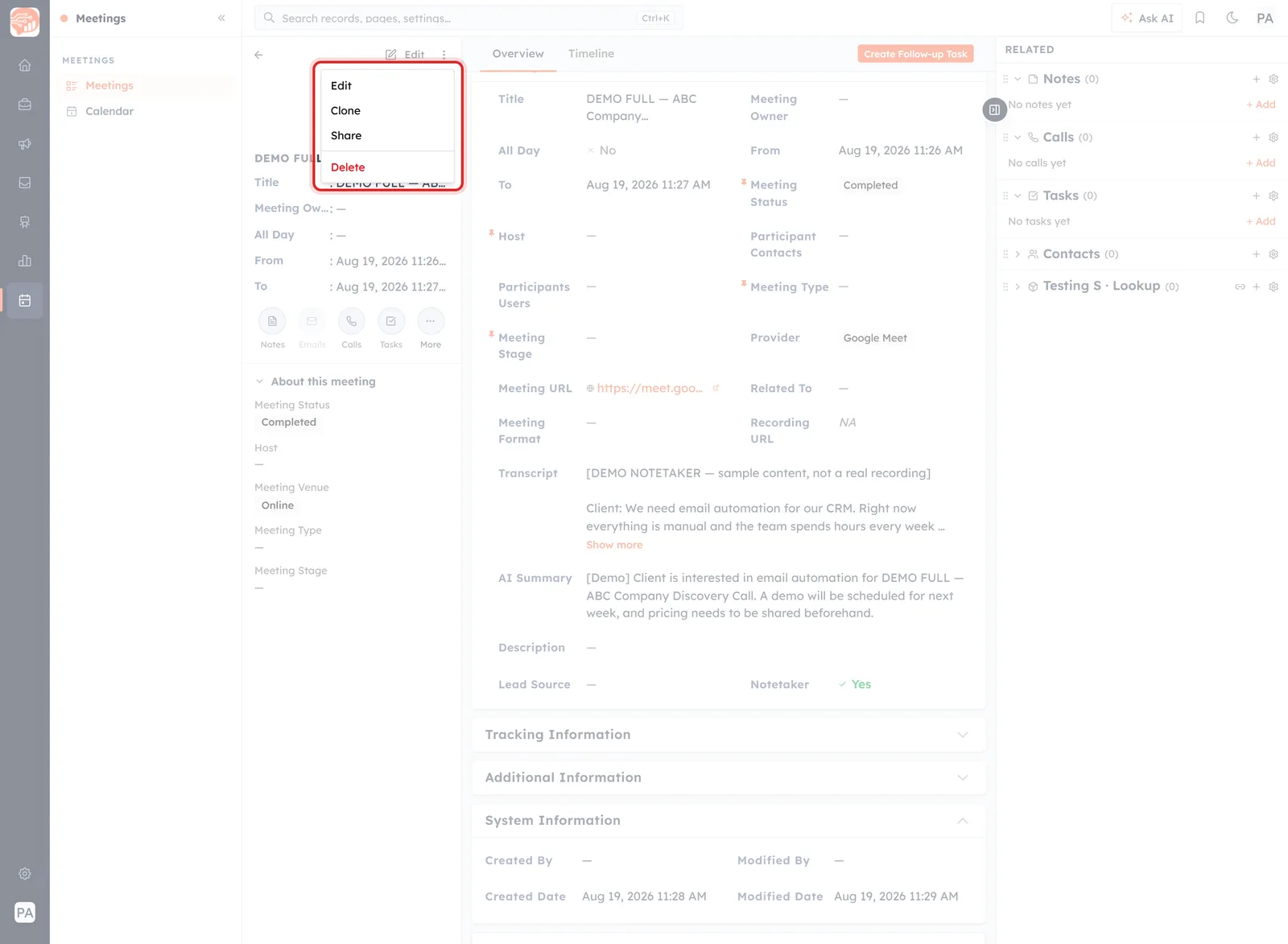 A meeting record with the open ⋮ menu highlighted — Edit, Clone, Share and Delete