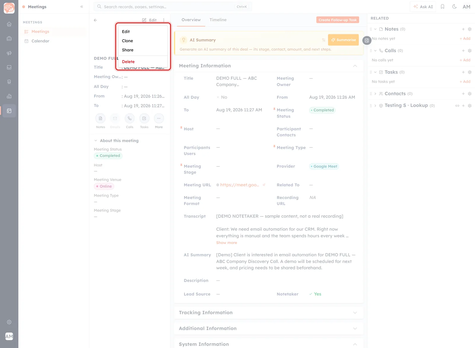 A meeting record with the actions menu open and highlighted