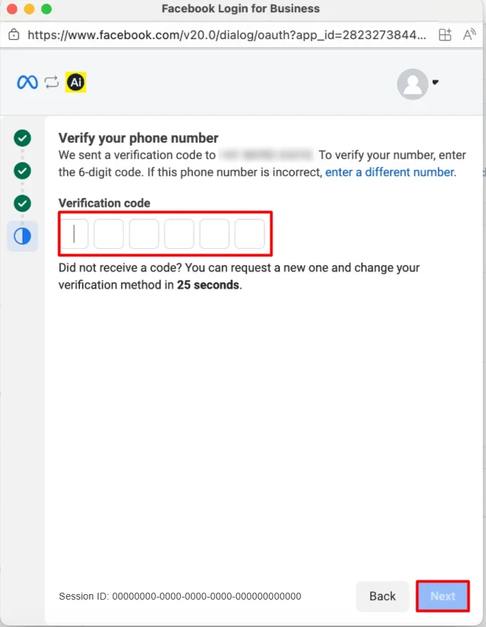 Meta embedded signup — verify your phone number with the six-digit code