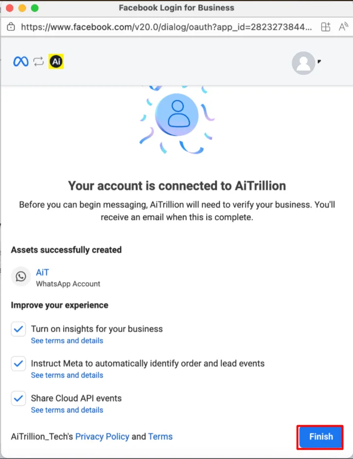 Meta embedded signup — your account is connected, click Finish