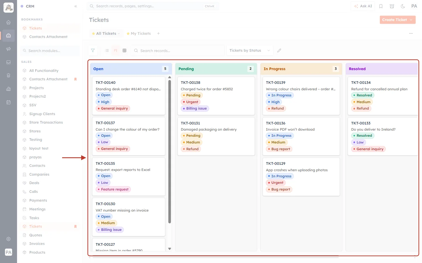 The Tickets Kanban board