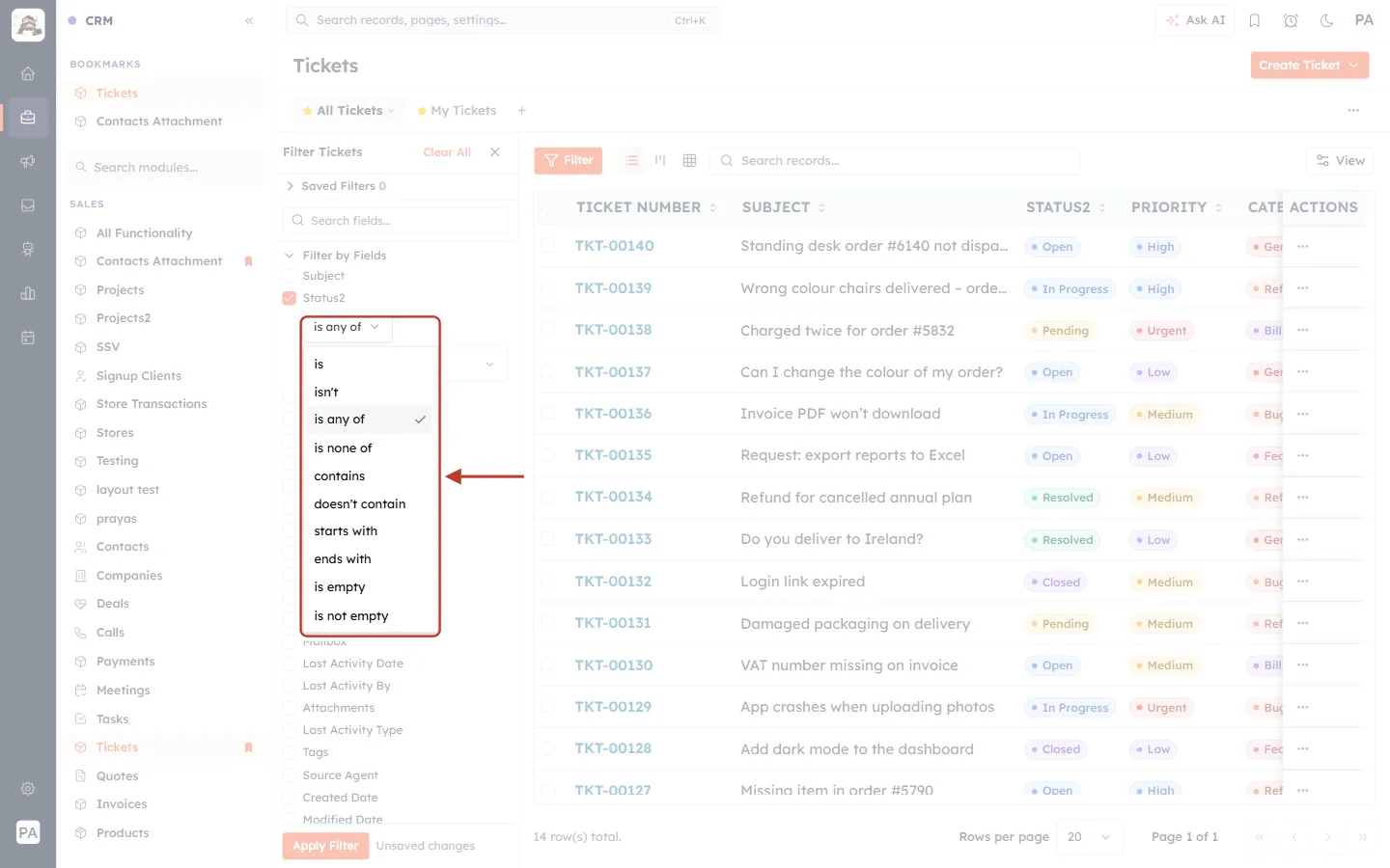 The list of filter conditions