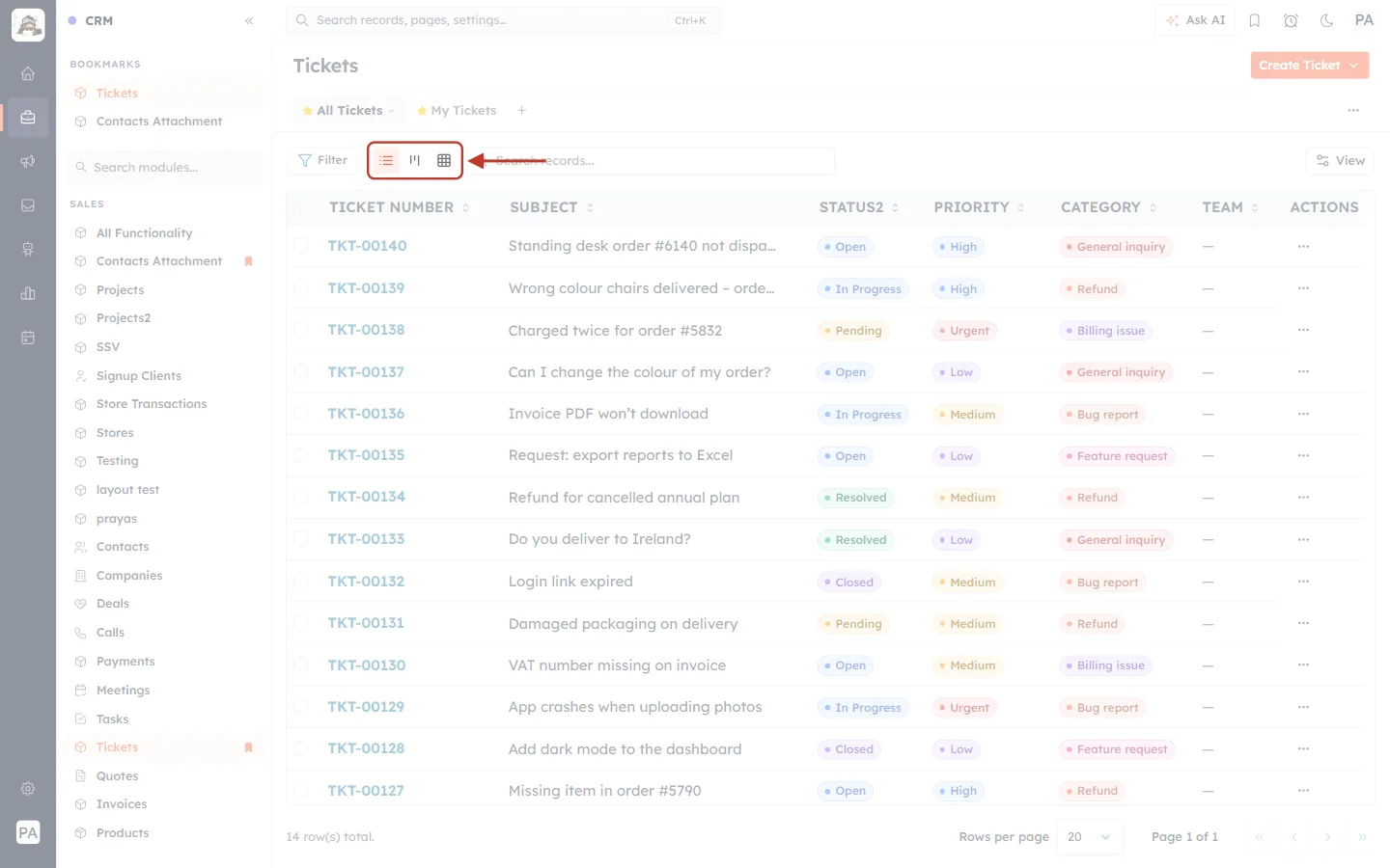 List, Kanban and Grid view buttons